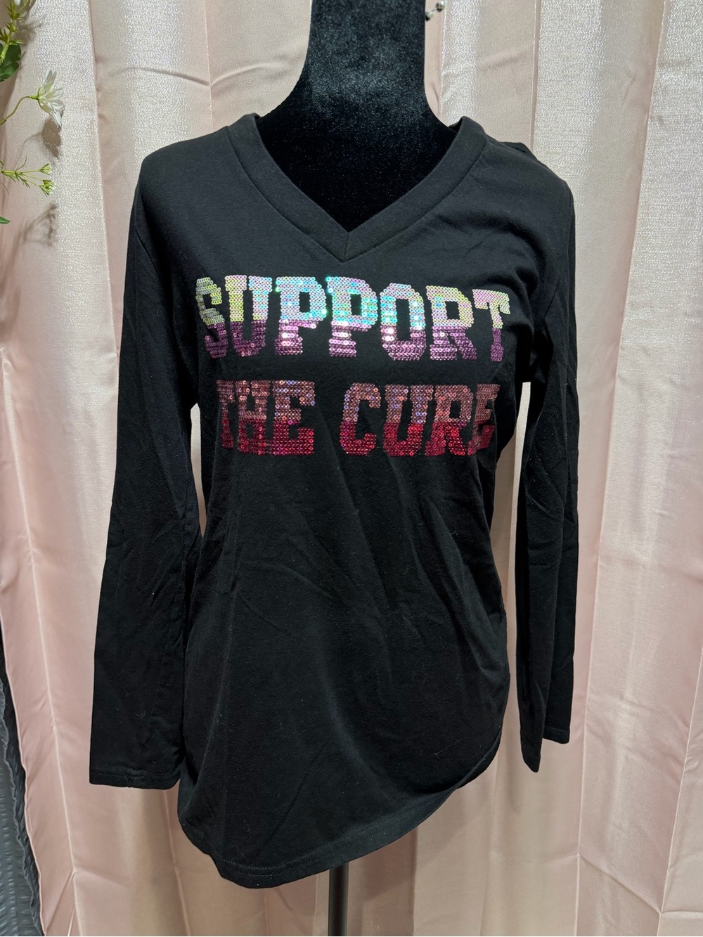 Black V-Neck Long-Sleeve Tee with Sequin "Support The Cure" Graphic
